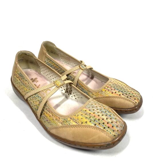 Rieker Mary Jane Rainbow Pastel Tan Leather Perforated Slip on Shoe Size 37 US 7 - Picture 1 of 6